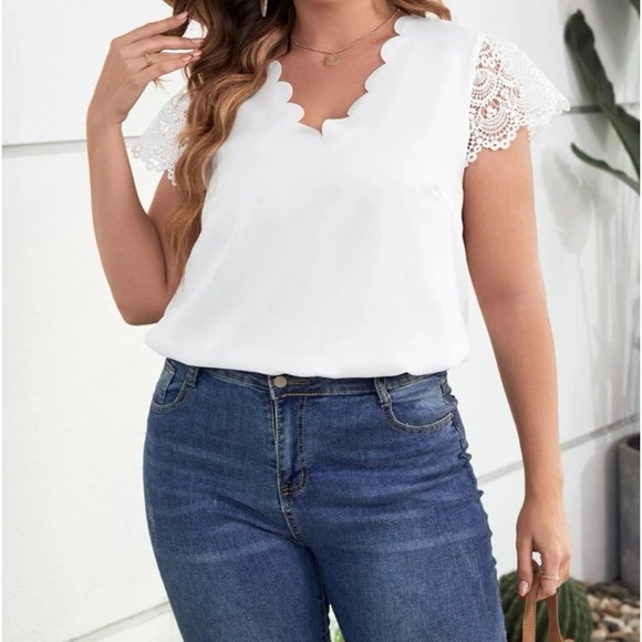 Plus Size Sheer Lace Sleeve Scallop Trim Top Blouse Shirt White - Picture 5 of 16